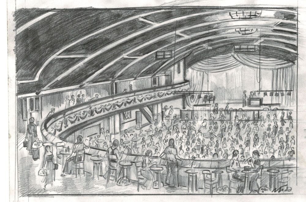 "All Nighter at the Casino" - An original pencil sketch of the packed dance floor at the Casino. 31 cm by 24.5 cm.