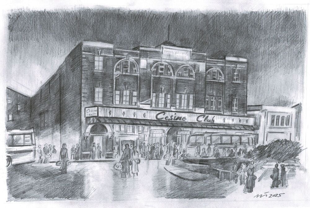 "Arriving at Wigan Casino, Preparatory Pencil Sketch" - Original Pencil Sketch by Neil Thompson. Size - 38 cm wide by 24 cm tall.