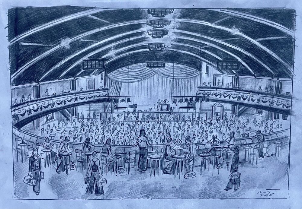"Move On Up Preparatory Pencil Sketch" - An original pencil sketch on art paper looking down on to the dance floor at Wigan Casino.