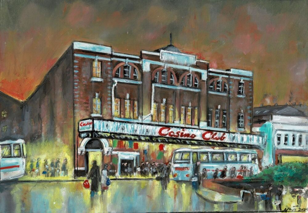 "Outside the Casino Club I" - Original Oil Painting by Neil Thompson. Size - 27 cm wide by 19 cm tall.