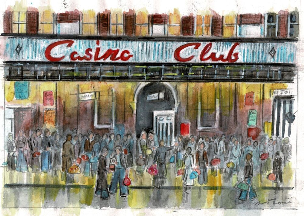 "Outside the Casino Club III" - Original Water Colour Painting by Neil Thompson. Size - 25 cm wide by 17 cm tall.