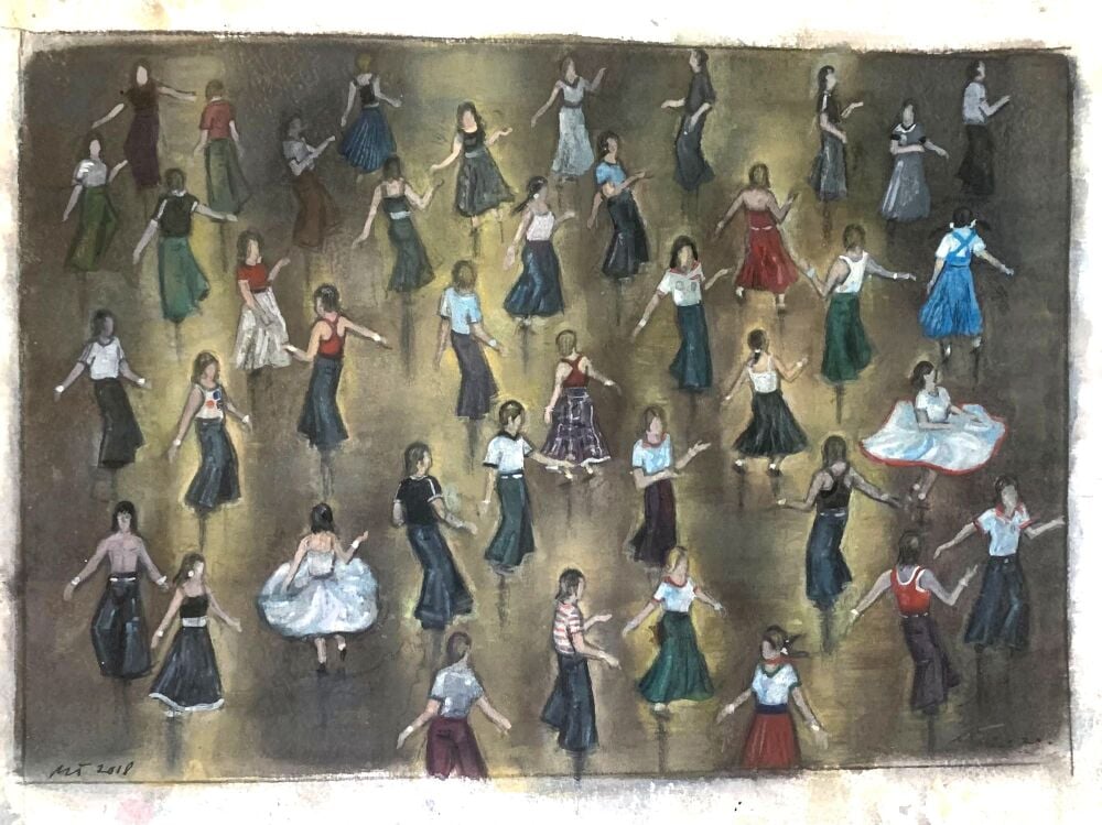 "Ever Again - Out on the Floor" - An original water colour painting of a packed Northern Soul dance floor. 33 cm by 21 cm.