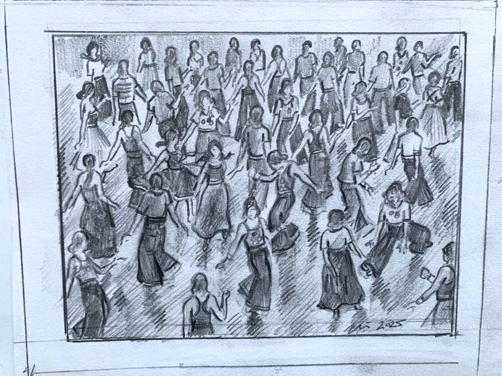 "Floor Filler, Preparatory Pencil Sketch" - An original pencil sketch of Northern Soul dancers