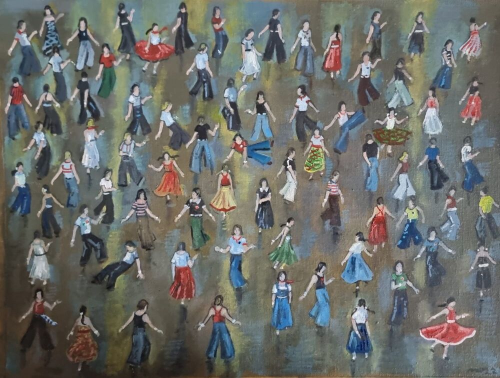 "Northern Soul Dancers" - An original oil painting on canvas of a packed Northern Soul dance floor. Size : 16 inches by 12 inches.