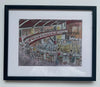 "On the Balcony at Wigan Casino" - Original water colour painting, mounted and framed, overall size size - 31 cm tall by 22 cm wide.