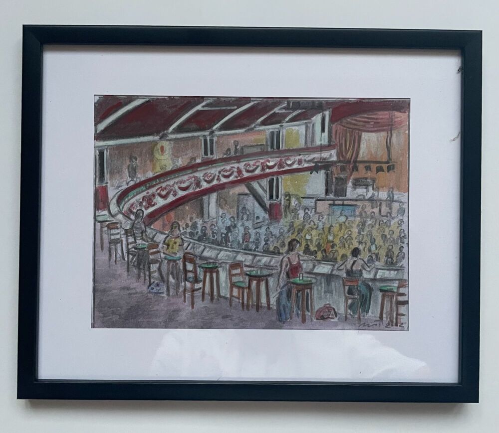 "On the Balcony at Wigan Casino" - Original water colour painting, mounted and framed, overall size size - 31 cm tall by 22 cm wide.