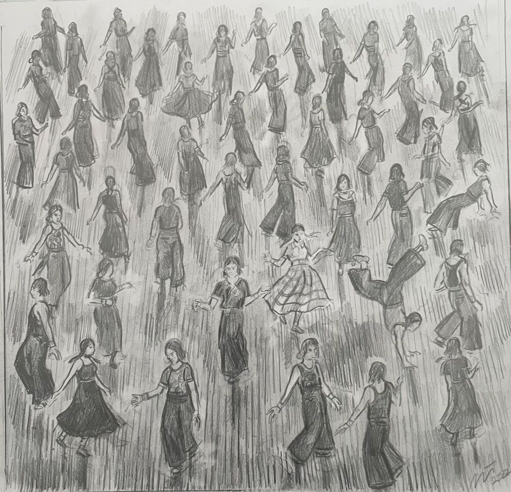 "Moving in the Groove, Prep" - An original pencil sketch of a packed Northern Soul dance floor. Size : 31cm by 31cm.