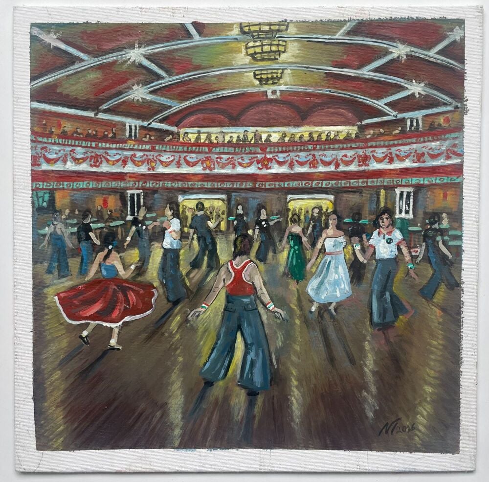 "Dancers at Wigan Casino" - An original oil painting of dancers out on the floor at the Casino. 12 x 12 inches.