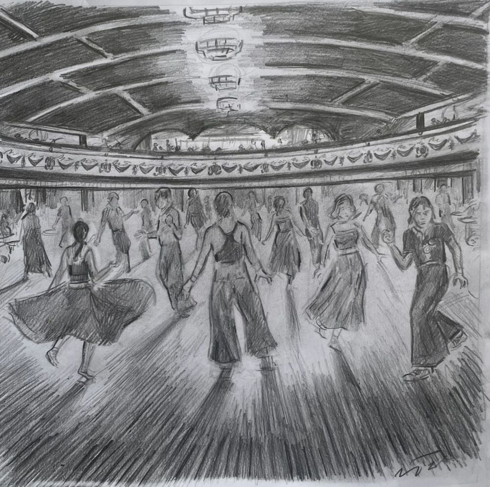 「ウィガン・カジノのダンサーたち、鉛筆画」 - カジノのフロアで踊るダンサーたちを描いたオリジナルの鉛筆画。11 × 11インチ。