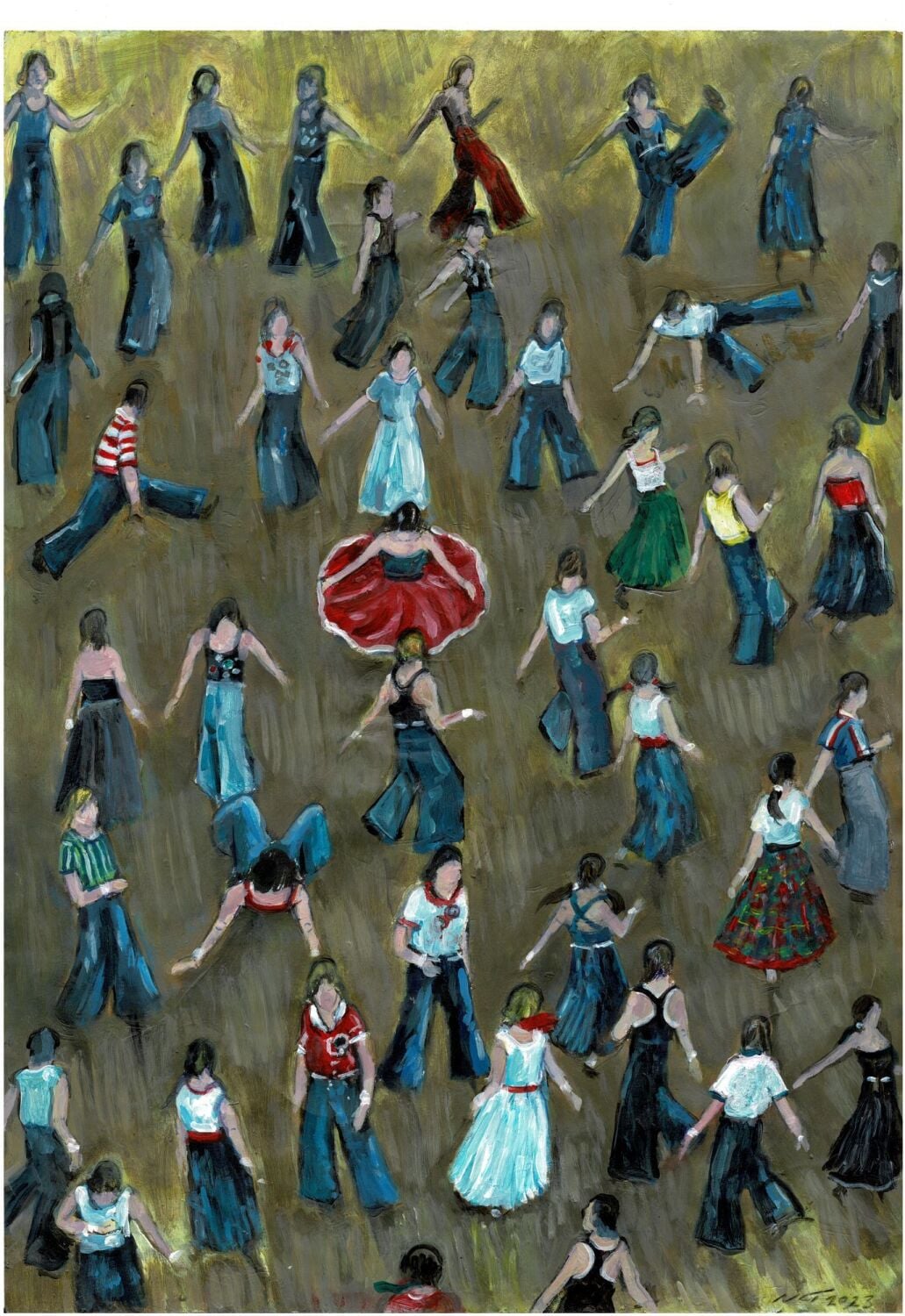 "Everybody Dance Now, Part II" - An original acrylic painting of a packed Northern Soul dance floor. Size : 42 cm by 30 cm.