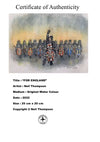 "FOR ENGLAND" - Original signed water colour painting. Overall size - 25 cm wide by 20 cm tall.