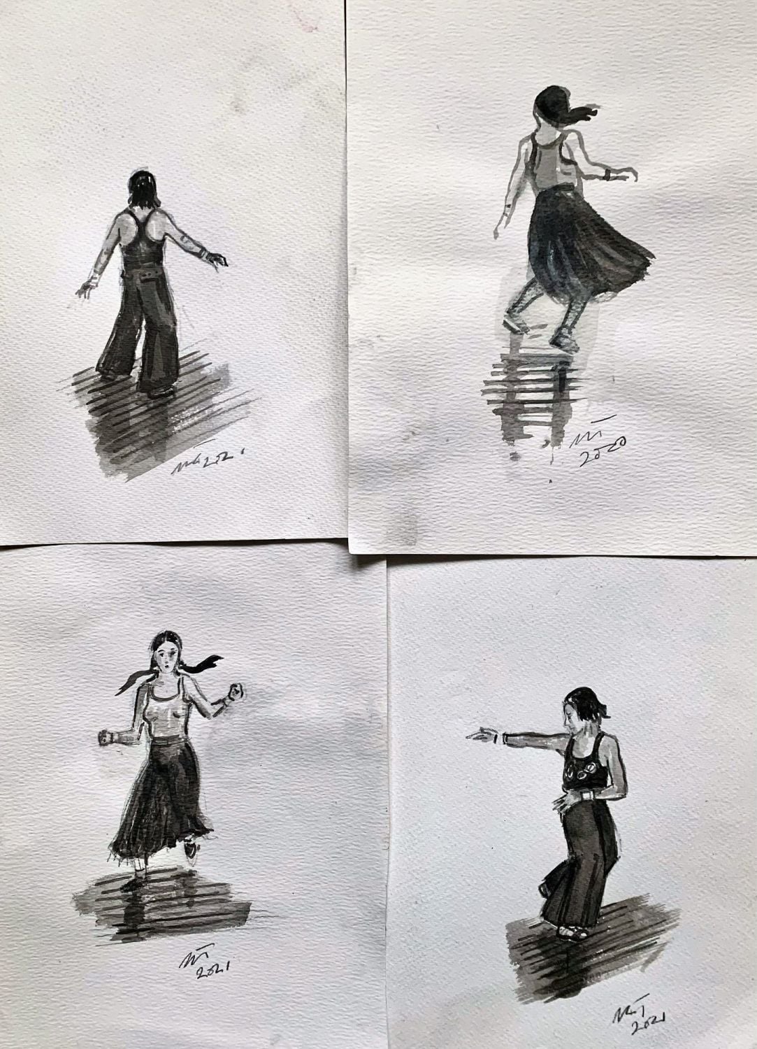 Four Northern Soul Sumi-e Black Ink Brush Paintings (Part V). Each painting measures 17 cm tall by 10 cm wide.