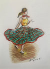 「ノーザン・ソウルの踊り手、その1」- ノーザン・ソウルのダンスフロアにいる少女を描いたオリジナルの水彩画。台紙に貼って額装済み。