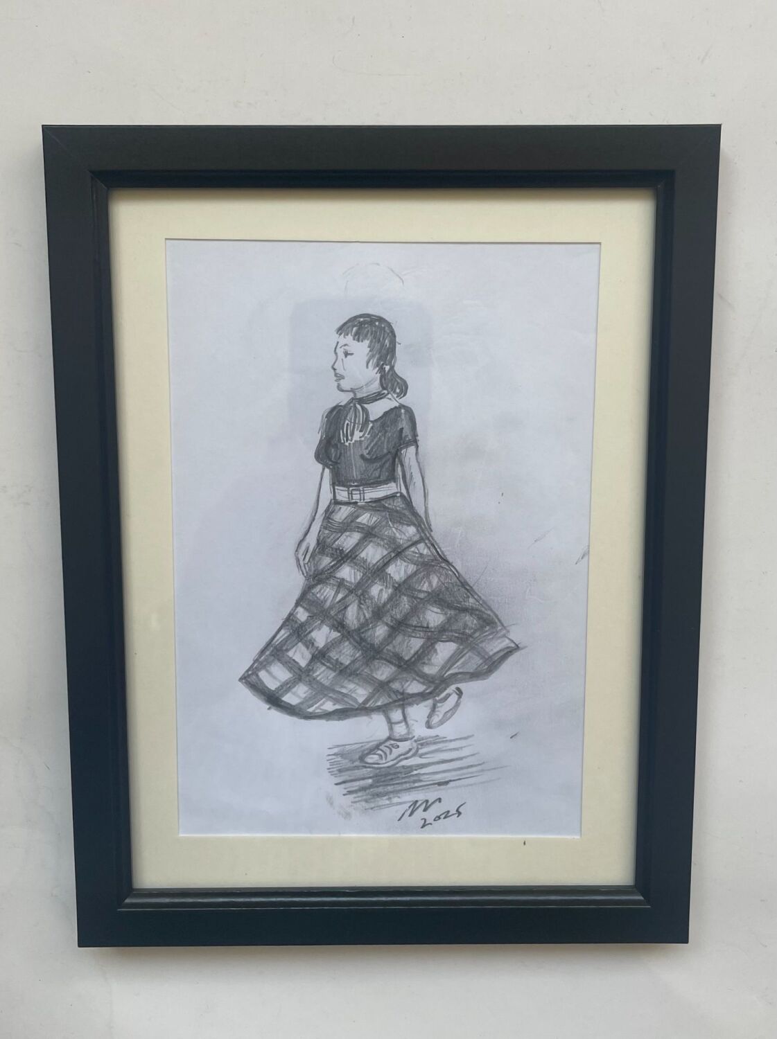 "Soul Girl Pencil Sketch" - Original pencil sketch of a girl on a Northern Soul dance floor, mounted and framed.