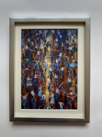 "On the Floor" - Mounted and Framed, Silver Frame. Overall size 9.4 inches tall by 7.4 inches wide.