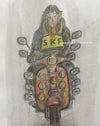 "SKF Scooter Boy, Framed" - Original coloured pencil sketch of a Mod on a fully loaded scooter, mounted and framed.