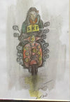 "SKF Scooter Boy, Framed" - Original coloured pencil sketch of a Mod on a fully loaded scooter, mounted and framed.