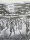 「ウィガン・カジノのダンサーたち、鉛筆画」 - カジノのフロアで踊るダンサーたちを描いたオリジナルの鉛筆画。11 × 11インチ。