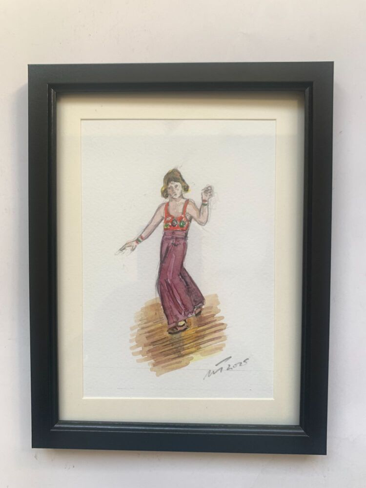 "Sole Northern Soul Dancer, Part 2" - Original water colour painting of a boy on a Northern Soul dance floor, mounted and framed.