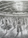 「ウィガン・カジノのダンサーたち、鉛筆画」 - カジノのフロアで踊るダンサーたちを描いたオリジナルの鉛筆画。11 × 11インチ。