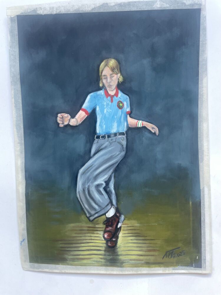 「ノーザン・ソウル・ボーイ」- オリジナル油絵、28 cm × 19 cm。
