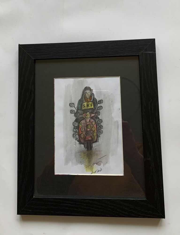 "SKF Scooter Boy, Framed" - Original coloured pencil sketch of a Mod on a fully loaded scooter, mounted and framed.