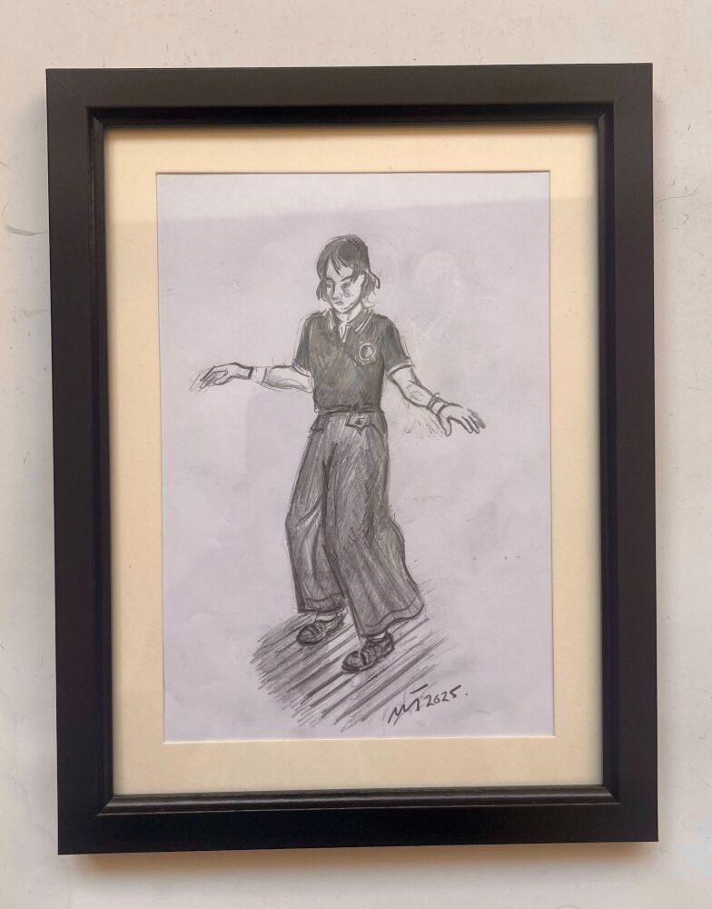 "Soul Boy" - Original pencil sketch of a boy on a Northern Soul dance floor, mounted and framed.