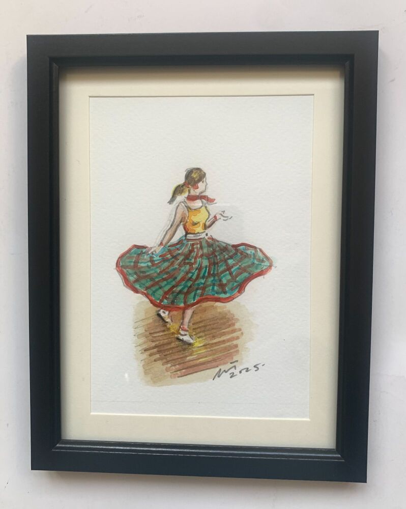 「ノーザン・ソウルの踊り手、その1」- ノーザン・ソウルのダンスフロアにいる少女を描いたオリジナルの水彩画。台紙に貼って額装済み。
