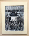"No Pushing at the Back" - Original pencil and ink sketch, mounted and backed ready for framing. Size, 10 inches tall by 8 inches wide.