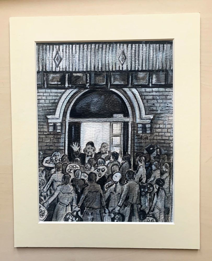 "No Pushing at the Back" - Original pencil and ink sketch, mounted and backed ready for framing. Size, 10 inches tall by 8 inches wide.