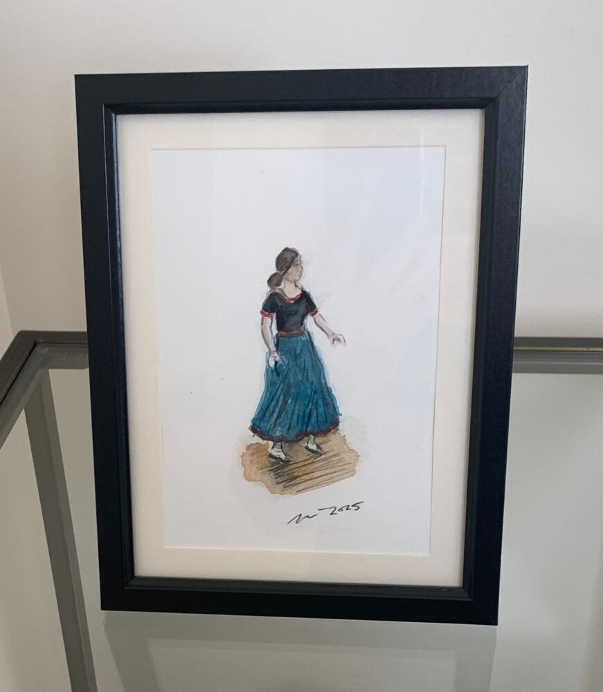 "Sole Northern Soul Dancer, Part 3" - Original water colour painting ofa girl on a Northern Soul dance floor, mounted and framed.