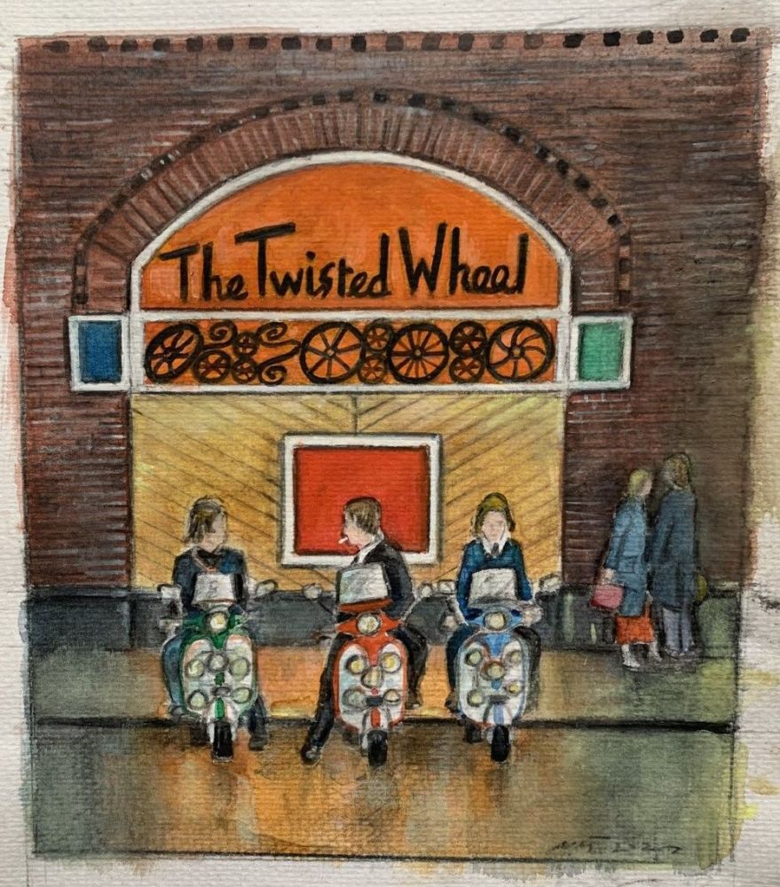 "Scooters at the Wheel, Part IV" - Original water colour painting, size - 23 cm tall by 20 cm wide.