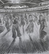 「ウィガン・カジノのダンサーたち、鉛筆画」 - カジノのフロアで踊るダンサーたちを描いたオリジナルの鉛筆画。11 × 11インチ。
