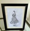"Soul Girl Pencil Sketch" - Original pencil sketch of a girl on a Northern Soul dance floor, mounted and framed.